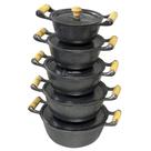 Conjunto Kit Jogo de Panelas 5 Peças Abaulado Preto Alumínio Batido Fundido Alça de Madeira com Tampa