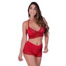 Conjunto Letícia Sem Bojo e Sem Arco com Caleçon em Renda de Poliamida e Tecido Cor:RubiTamanho:G