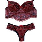 Conjunto Lingerie Cropped Luxo Sensual Renda Preto/Vermelho