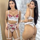 Conjunto Lingerie Sem Bojo Com Aro Tule Calcinha Fio Com Cinta Liga