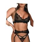 Conjunto lingerie sensual cropped em renda tanga com frase