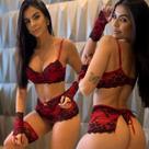 Conjunto Lingerie Sensual Luvas Cinta Liga Calcinha fio Dental Renda Bicolor