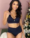 Conjunto lingerie sutiã basico nadador sem fecho com bojo com aro com calcinha cós alto fio duplo - preto