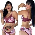 Conjunto Lingerie Sutiã Sem Bojo Floral Renda Microfibra Top