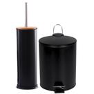 Conjunto Lixeira Com Pedal Redonda Inox 3 Litros Cesto Removível E Escova Sanitária Para Banheiro Com Tampa Bambu Madeira Preto Fosco Wincy