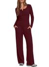Conjunto Lounge Darong 9122 feminino canelado de manga comprida vermelho vinho S