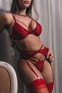 Conjunto Luxo Sem Bojo em Rendão Transparente Vermelho - Sutiã, Calcinha e Cinta Liga