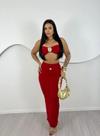 Conjunto Luxo Vermelho Top Cropped Recorte e Saia Longa Fenda com Botão Dourado Look Festa Elegante