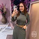 Conjunto Malha Canelada, Verde, Tricozinho, Saia Godê, Bolsos, Elástico Cintura, Gola Rolê, Forro, Feminine BM1293V Tam