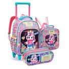 Conjunto Material Escolar Infantil Feminina Estampada P/ Menina Mochila de Rodinhas + Lancheira Térmica + Estojo