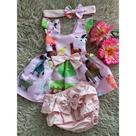 Conjunto Menina Bebê Carinho Temático Fazendinha Rosa+Calcinha +Laço de Cabelo