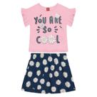 Conjunto Menina em Malha Short Saia Azul Marinho Margaridas - Bee Loop