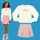 Conjunto Menina Juvenil Mod.me Blusa em Punho e Saia em Tweed Shine Pérola/Rosa Tamanho:20