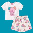 Conjunto Menina Momi Blusa Algodão e Short Saia Estampa Sorvete de Urso Off White