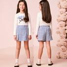 Conjunto Menina Momi Blusa em Algodão e Shorts Saia em Moletinho Off/Azul Tamanho:14