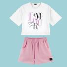 Conjunto Menina Pink Soda Blusa Cropped Cotton e Short Alfaiataria Branco/Rosa