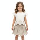 Conjunto Meninas Blusa Off-White e Saia Tricoline Amêndoa Bordado Corte Laser Milon