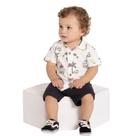 Conjunto Menino Alakazoo Camisa Algodão com Estampa de Dinossauro Branco e Botões e Bermuda em Moletom Preto