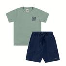 Conjunto Menino Angerô Camiseta Algodão Estampa Costas e Bermuda Moletinho Verde/Azul Marinho Conjunto Menino Angerô Camiseta Algodão Estampa Costas e Bermuda Moletinho Verde/Azul Marinho