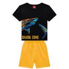 Conjunto Menino Kyly Camiseta Algodão Estampa Tubarão e Bermuda Moletinho Marinho/Amarelo Conjunto Menino Kyly Camiseta Algodão Estampa Tubarão e Bermuda Moletinho Marinho/Amarelo