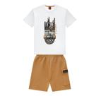 Conjunto Menino Kyly Camiseta em Algodão Estampa Skate e Bermuda Moletinho Branco/Marrom