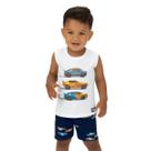 Conjunto Meninos Regata Branca Carrinhos e Bermuda Azul Marinho Kyly Tamanho:2 anos