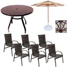 Conjunto Mesa 1,40m Ripada e 6 Cadeiras Piscina Jardim e Guarda Sol