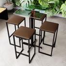 Conjunto Mesa Alta Bar Bistrô Quadrada Vidro 4 Bancos Estofado Industrial Black