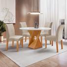 Conjunto Mesa Barcelona 100cm com 4 Cadeiras Espanha Tampo Slim Plus Redondo Vidro Yescasa Bege/Cinamomo/Off White/Veludo Claro