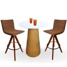 Conjunto Mesa Bistrô Cone 60 cm Laca Branca Base Altura 100 cm Freijó + 2 Banquetas Cercatto Giratória