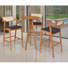 Conjunto Mesa Bistrô e 3 Banquetas Madeira Maciça, Estofada e Rattan de Fibra 100% Natural Nápoles Espresso Móveis Marrom/Champagnhe/Couro Preto