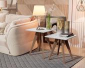 Conjunto Mesa Classic Lateral Quadrado Pés de Eucalipto Maciço Branco Móveis Decor