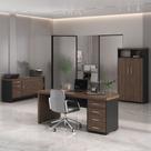 Conjunto Mesa com Gavetas LD, Balcão com Gavetas e Armário com Nicho Cor Charuto com Preto Conjunto Mesa com Gavetas LD, Balcão com Gavetas e Armário com Nicho Cor Charuto com Preto