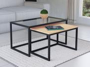 Conjunto Mesa De Centro Industrial 65cm e 60cm Preto Duo Vidro e Madeira