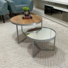 Conjunto Mesa de Centro Redonda Dallas Amadeirado com Espelho