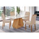 Conjunto: Mesa de Cozinha Ágata c/ Tampo Madeirado c/ Vidro 130x80cm + 4 Cadeiras Paola Wood Cinamomo/Off White - Nature/Suede Nude Bege - Cimol