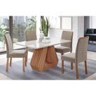 Conjunto: Mesa de Cozinha Ágata Tampo Madeirado c/ Vidro 130x80cm e 4 Cadeiras Clarice Cinamomo/Off White - Carvalho/Suede Joli Capuccino - Cimol