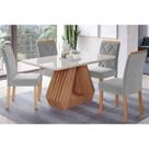 Conjunto: Mesa de Cozinha Ágata Tampo Madeirado c/ Vidro 130x80cm e 4 Cadeiras Fernanda Cinamomo/Off White - Carvalho/Linho Grafite - Cimol