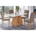 Conjunto: Mesa de Cozinha Ágata Tampo Madeirado c/ Vidro 130x80cm e 4 Cadeiras Fernanda Madeirado/Suede Joli Capuccino - Cimol