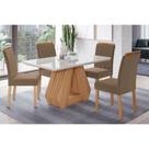 Conjunto: Mesa de Cozinha Ágata Tampo Madeirado c/ Vidro 130x80cm e 4 Cadeiras Juliana Madeirado/Suede Joli Capuccino - Cimol