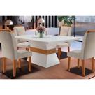Conjunto: Mesa de Cozinha Ágata Tampo Madeirado c/ Vidro Canto Reto 120x80cm e 4 Cadeiras Athenas Capuccino/Suede Creme - Rufato