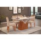 Conjunto: Mesa de Cozinha Argo c/ Tampo Madeirado c/ Vidro Curvo 136x90cm e 4 Cadeiras Julia Freijo/Off White - Suede Kraft - DJ Móveis