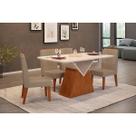Conjunto: Mesa de Cozinha Argo c/ Tampo Madeirado c/ Vidro Curvo 136x90cm e 4 Cadeiras Lia Freijo/Off White - Linho Bege - DJ Móveis