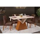 Conjunto: Mesa de Cozinha Argo c/ Tampo Madeirado c/ Vidro Curvo 136x90cm e 4 Cadeiras Ondina Freijo/Off White - Suede Moca - DJ Móveis