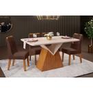 Conjunto: Mesa de Cozinha Argo c/ Tampo Madeirado c/ Vidro Curvo 136x90cm e 4 Cadeiras Stela Freijo/Off White - Suede Moca - DJ Móveis