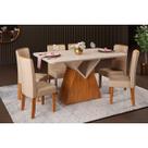 Conjunto: Mesa de Cozinha Argo c/ Tampo Madeirado c/ Vidro Curvo 136x90cm e 6 Cadeiras Zoe Freijo/Off White - Suede Creme - DJ Móveis