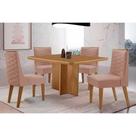 Conjunto: Mesa de Cozinha Berlim c/ Tampo Madeirado Canto Curvo 90x90cm e 4 Cadeiras Dafne Naturale - Linho Capuccino - Rufato