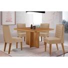 Conjunto: Mesa de Cozinha Berlim c/ Tampo Madeirado Canto Curvo 90x90cm e 4 Cadeiras Maldivas Naturale - Linho Bege - Rufato
