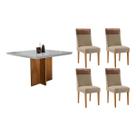 Conjunto: Mesa de Cozinha Berlim Tampo c/ Vidro Curvo 90cm+4 Cadeiras Jaspe Madeira Naturale/Off White - Capuccino/Linho Bege - Rufato Conjunto: Mesa de Cozinha Berlim Tampo c/ Vidro Curvo 90cm+4 Cadeiras Jaspe Madeira Naturale/Off White - Capuccino/Linho Bege - Rufato