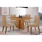 Conjunto: Mesa de Cozinha Berlim Tampo Curvo 90cm+4 Cadeiras Dafne Madeira Naturale - Capuccino/Linho Bege - Rufato